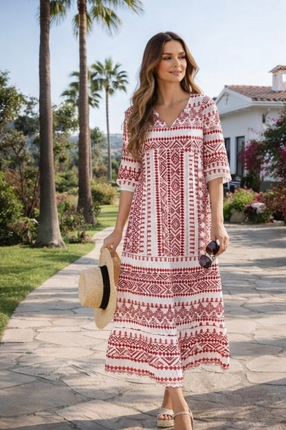 Red Boho Print V-Neck 3/4 Sleeve Elastic Cuff Tiered Maxi Dress