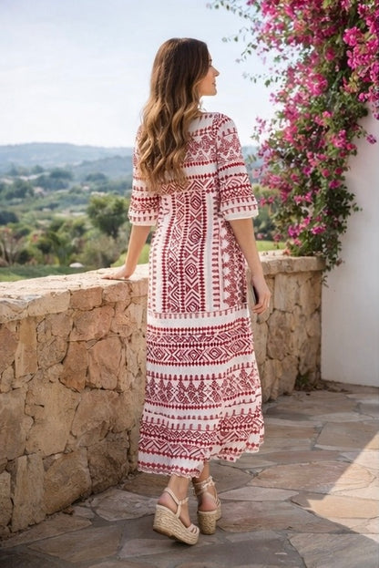 Red Boho Print V-Neck 3/4 Sleeve Elastic Cuff Tiered Maxi Dress