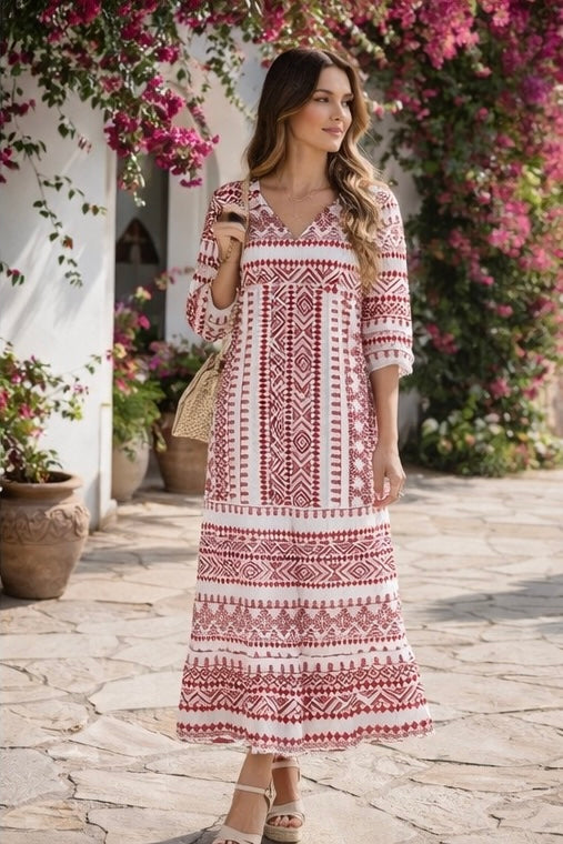 Red Boho Print V-Neck 3/4 Sleeve Elastic Cuff Tiered Maxi Dress
