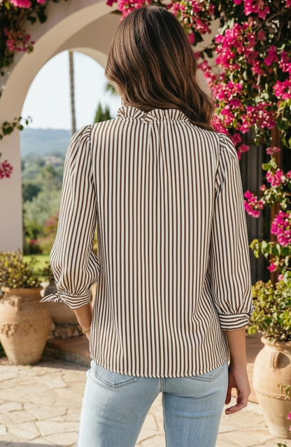 Striped Split Neck Blouse with Tied Cuffs