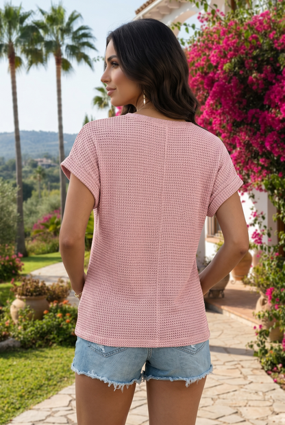 Lace Patchwork Waffle Short Sleeve Top