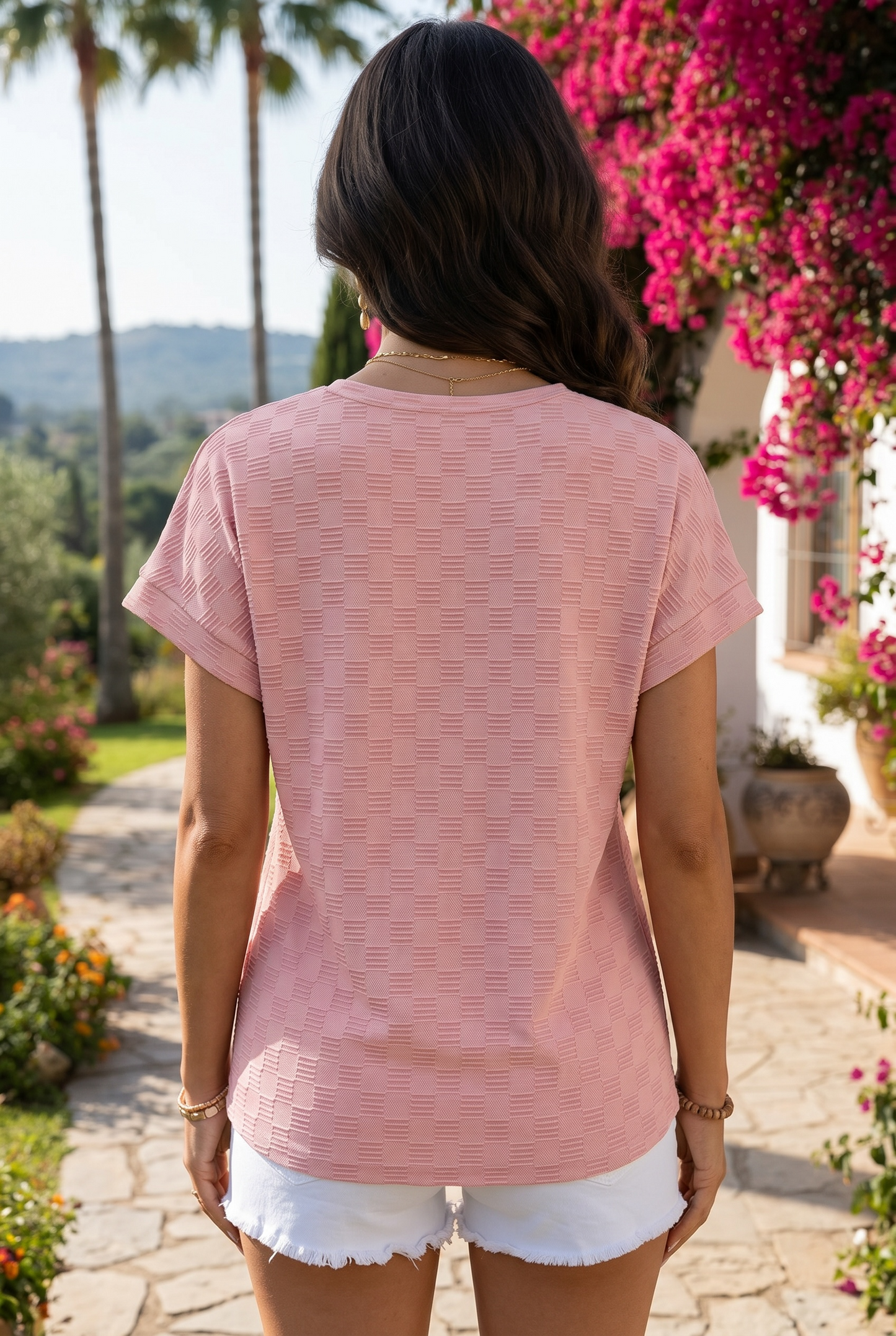 Apricot Pink Checkered Textured Round Neck Tee