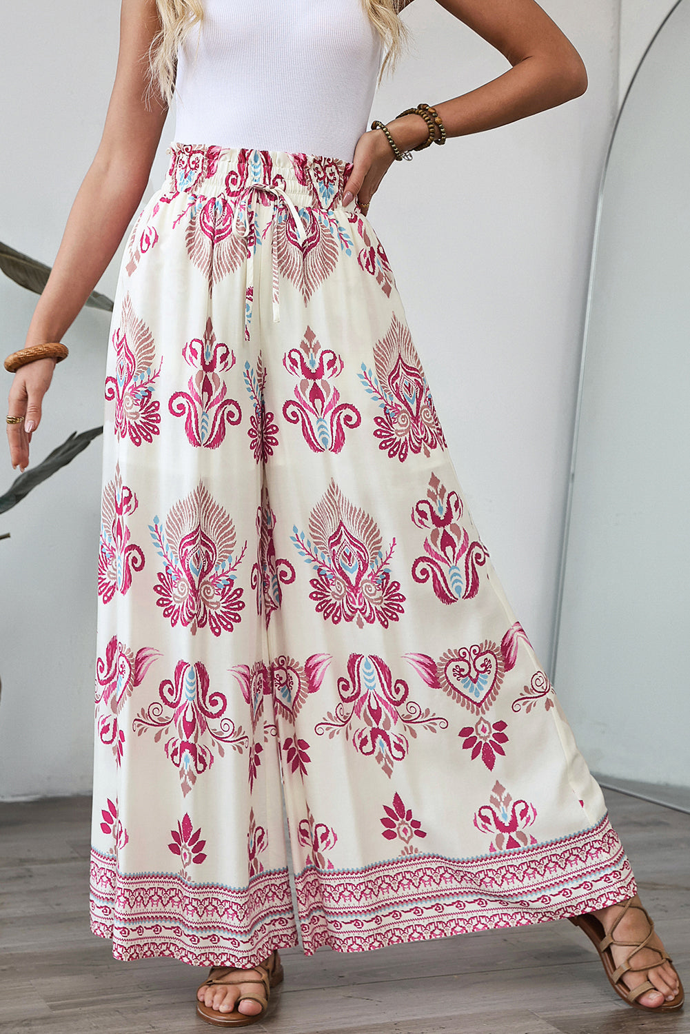 Rose Boho Printed Shirred High Waist Flowy Pants