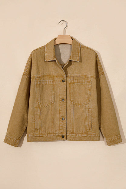 Tan women's denim jacket with metal button front, collared neckline, long sleeves, patch pockets, and relaxed fit.