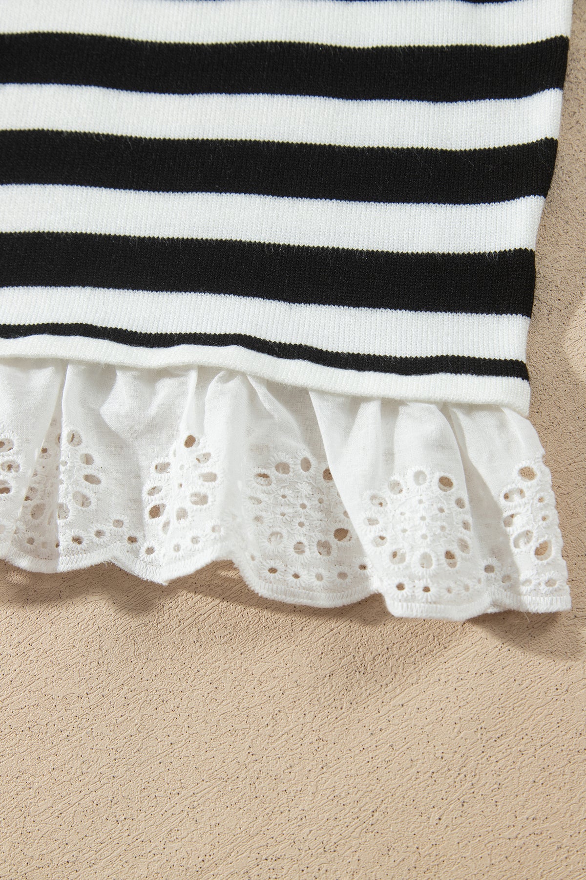 Striped Mock Neck Sweater – Faux Layered Eyelet Lace Hem