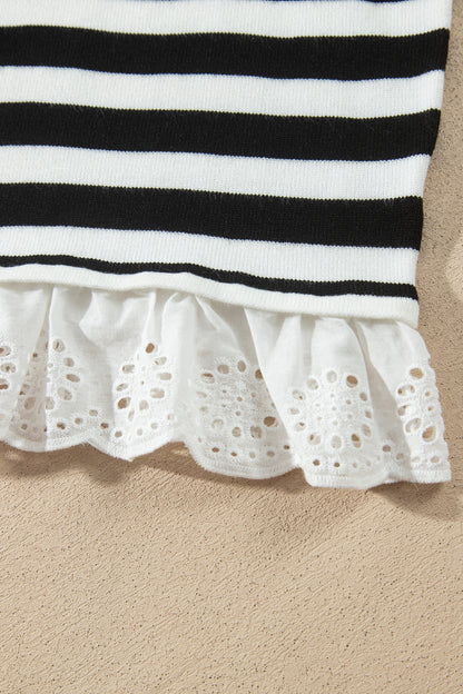 Striped Mock Neck Sweater – Faux Layered Eyelet Lace Hem