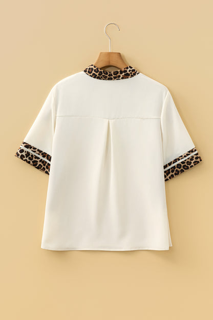 Leopard Trim Notch Neck Blouse – Lightweight Casual Contrast Top
