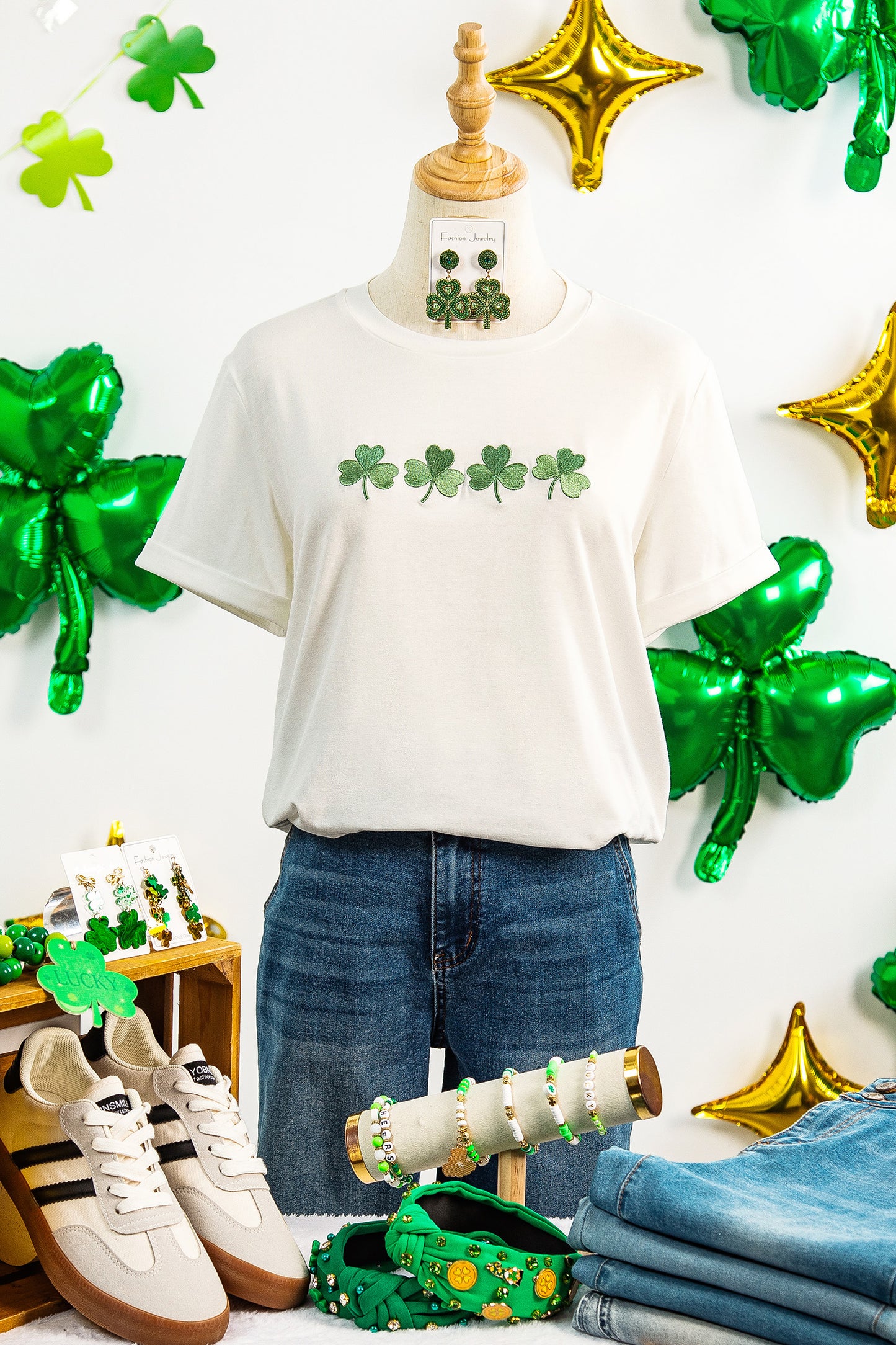 Embroidered Clover Tee – White St. Patrick’s Day Graphic Top