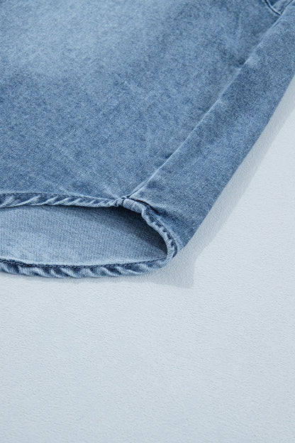 Washed Denim Puff Sleeve Button Front Blouse – Casual Everyday Top