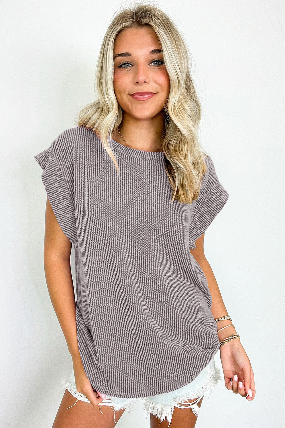 Twisted Rib Wide Sleeve Crew Neck Tee