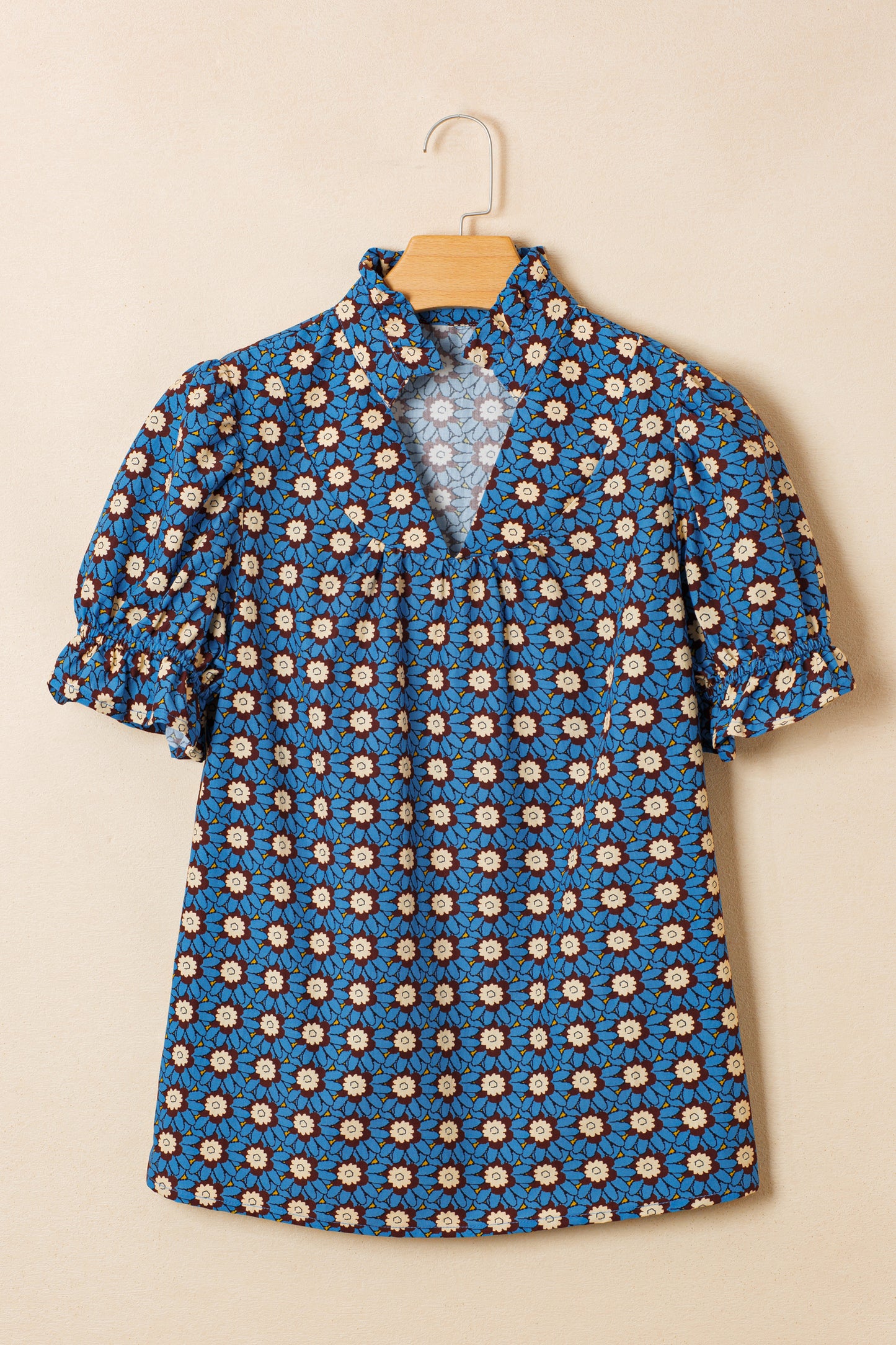 Sky Blue Floral Puff Sleeve Blouse – Casual Everyday Top