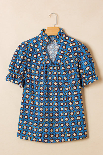 Sky Blue Floral Puff Sleeve Blouse – Casual Everyday Top