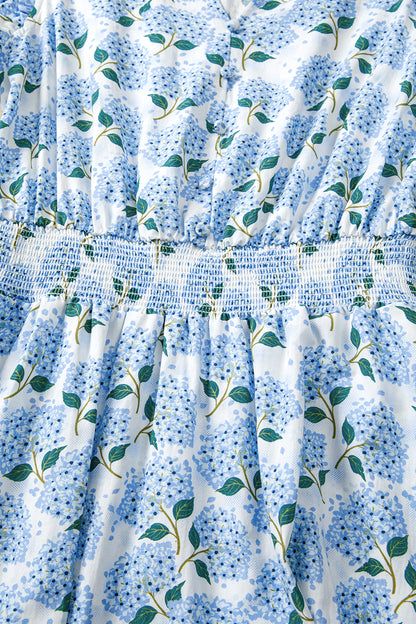 Sky Blue Floral Ruffle Sleeve Smocked Waist Midi Dress