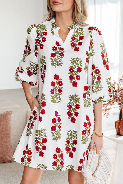White Floral V-Neck Puff sleeves Mini Dress