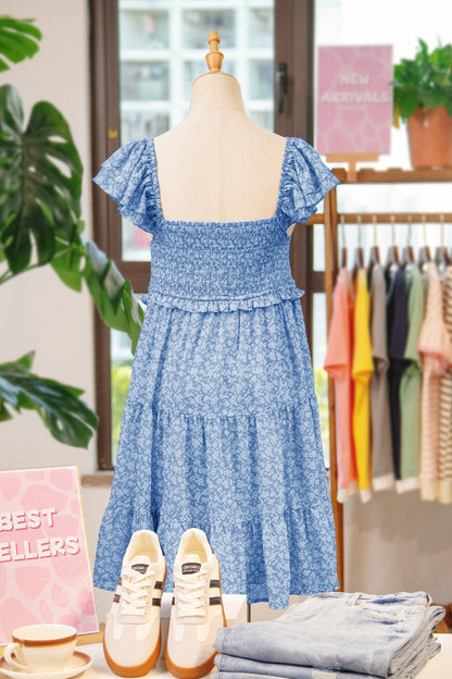 Blue Floral Smocked Square Neck Ruffle Sleeve Tiered Babydoll Mini Dress