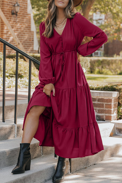 Long Sleeve V‑Neck Button Front Tiered Maxi Dress
