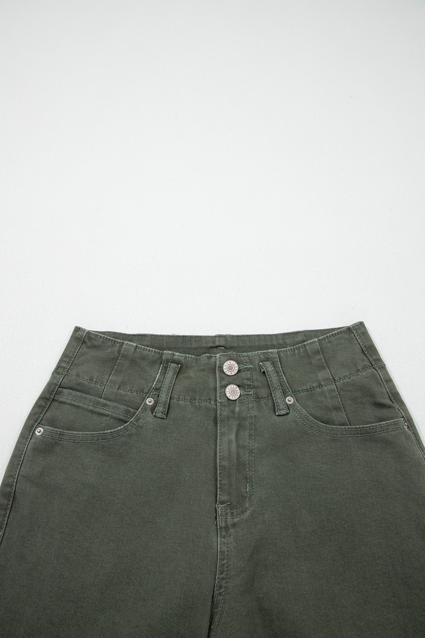 Olive green high rise wide leg jeans with double-button waistband, front pockets and cropped hem.