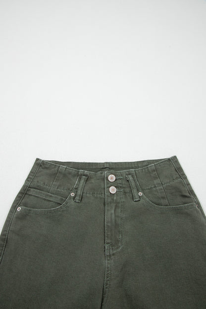 Olive green high rise wide leg jeans with double-button waistband, front pockets and cropped hem.