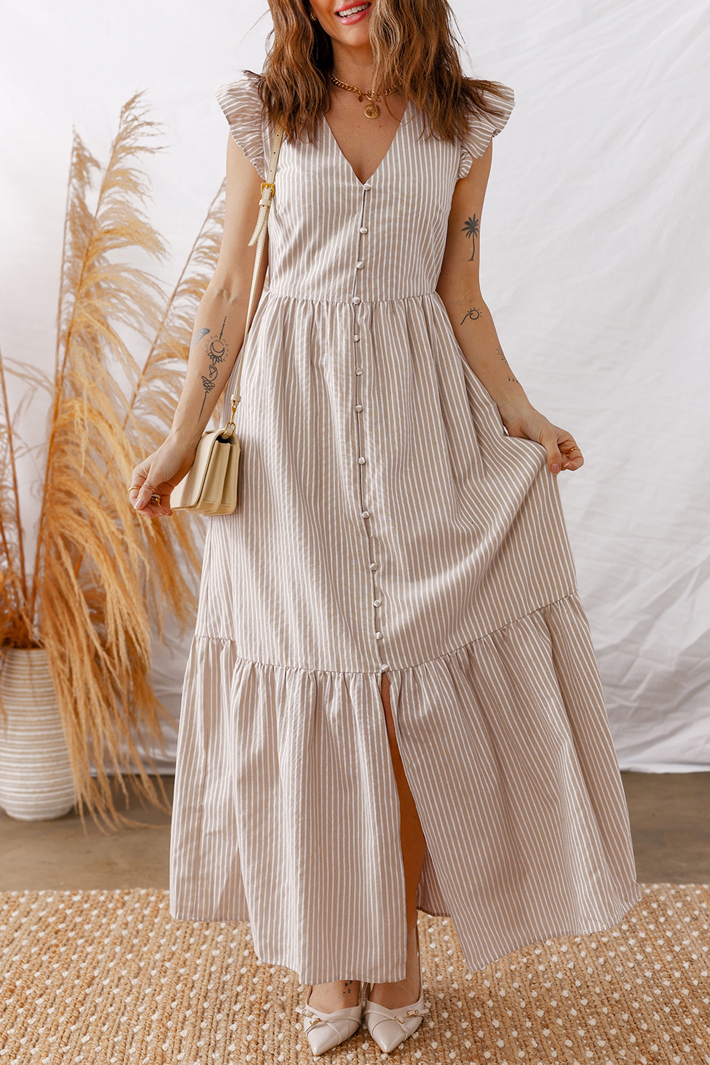 Amalfi Beige Stripe Button Front Maxi Dress