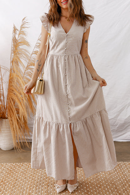 Amalfi Beige Stripe Button Front Maxi Dress