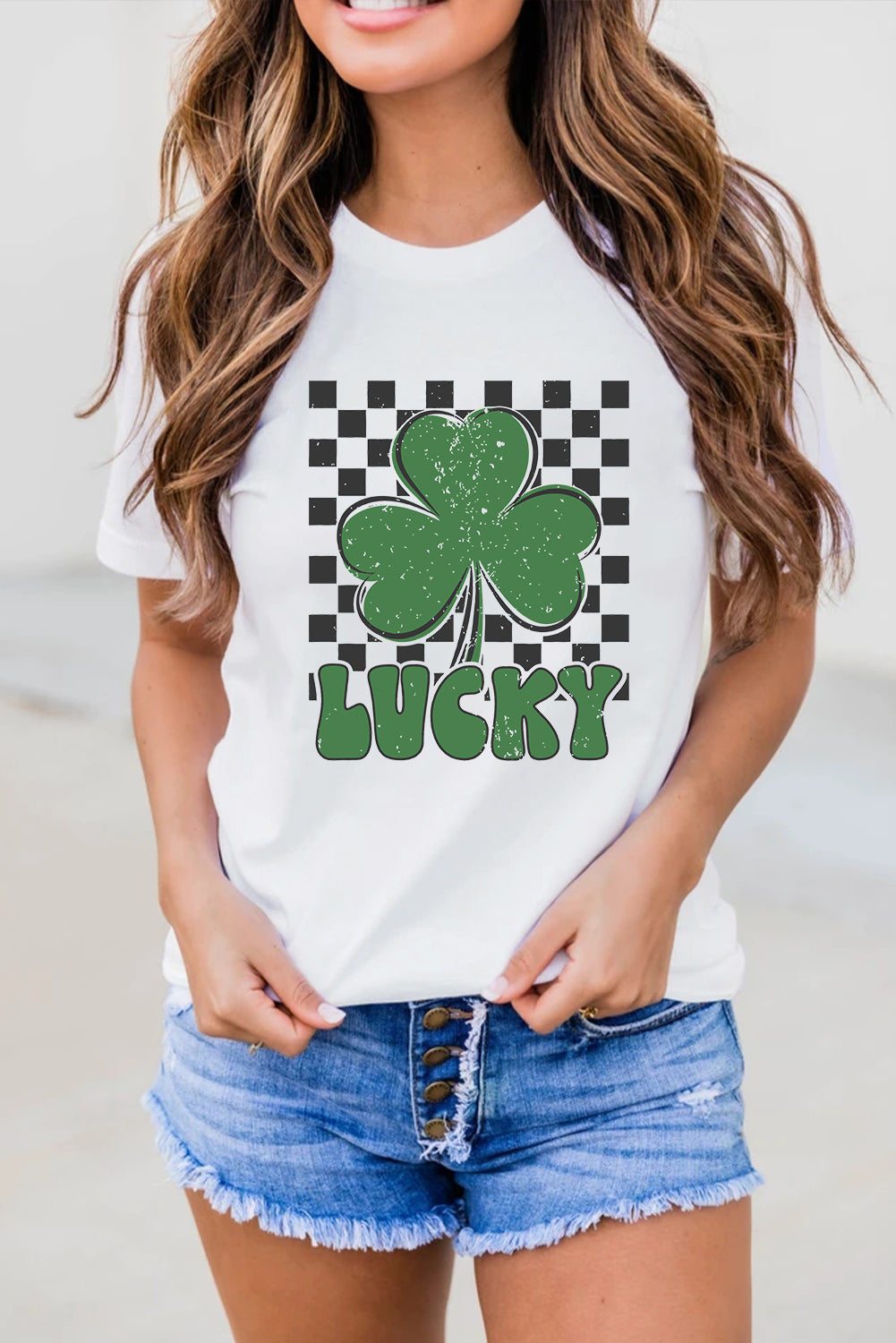 Checkerboard Lucky Clover Tee – White St. Patrick’s Day Graphic Top