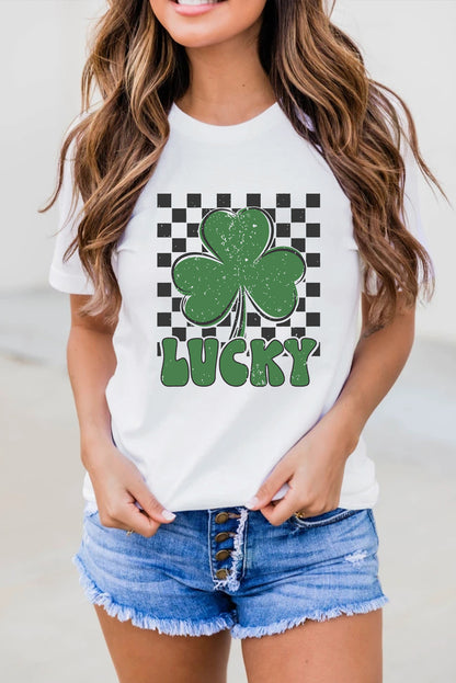 Checkerboard Lucky Clover Tee – White St. Patrick’s Day Graphic Top