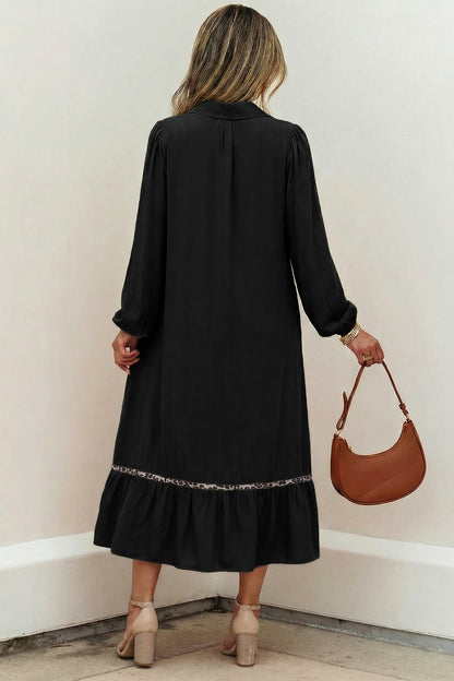 V-Neck Collared Smocked Yoke Long Sleeve Midi Dress – Black & Olive
