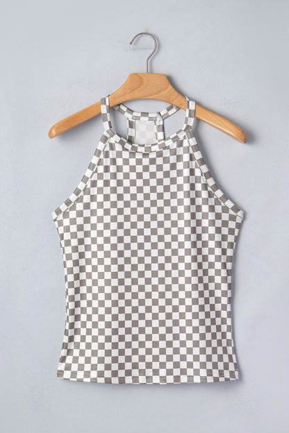 Checker Print High Neck Racerback Tank Top – Casual Everyday Summer Top