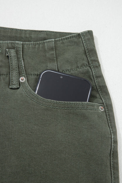 Olive green high rise wide leg jeans with double-button waistband, front pockets and cropped hem.
