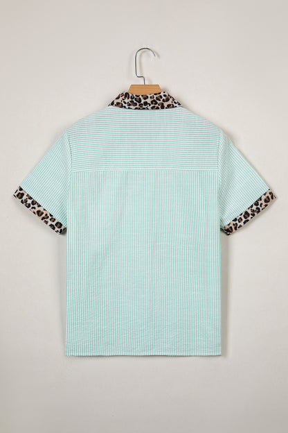 Leopard Contrast Collar Striped Blouse – Casual Everyday Button Front Top