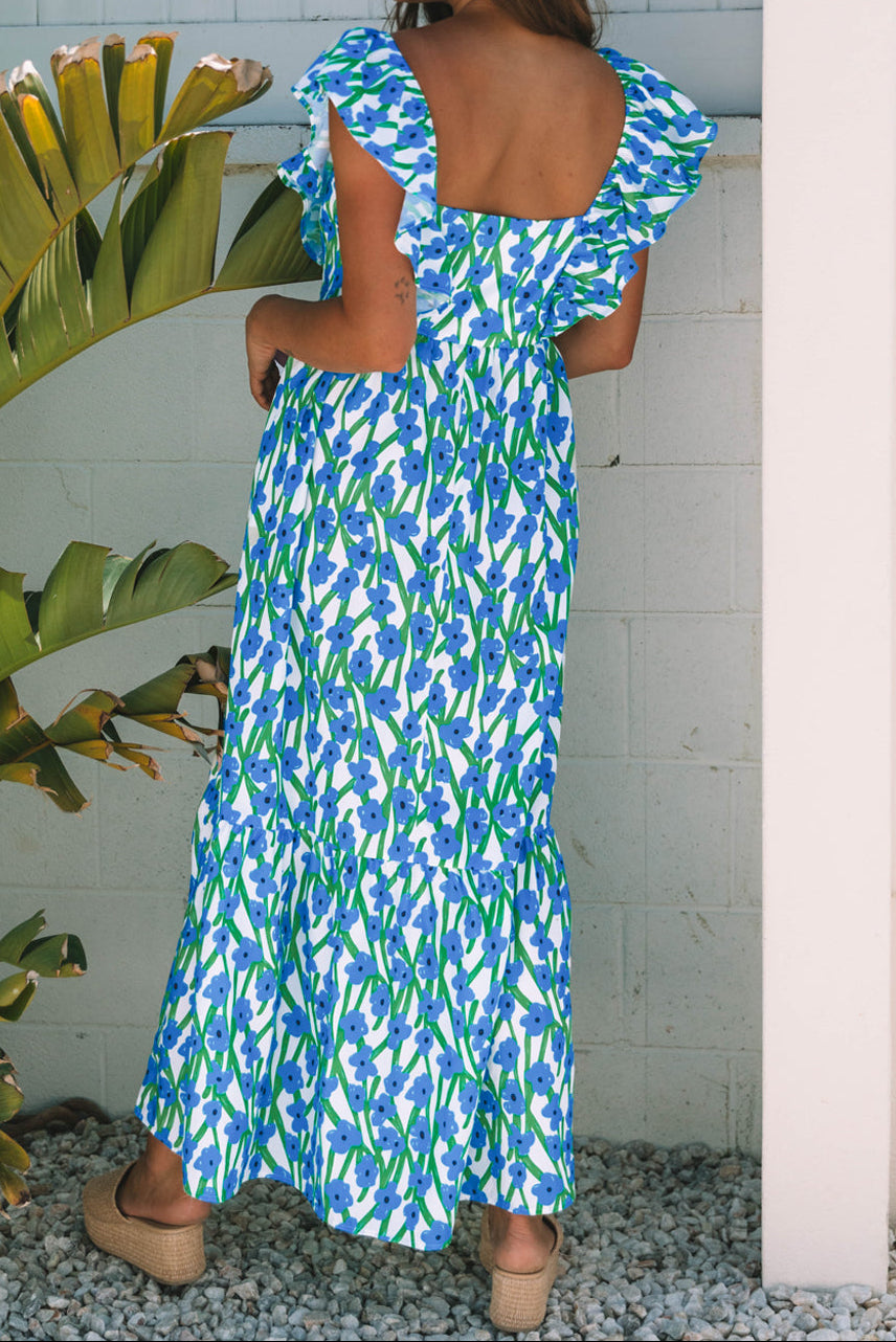 Willow Floral Square Neck Ruffle Sleeve Pocket Maxi Dress