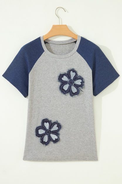 Floral Appliqué Raglan Sleeve Top – Casual Contrast Sleeve Everyday Tee
