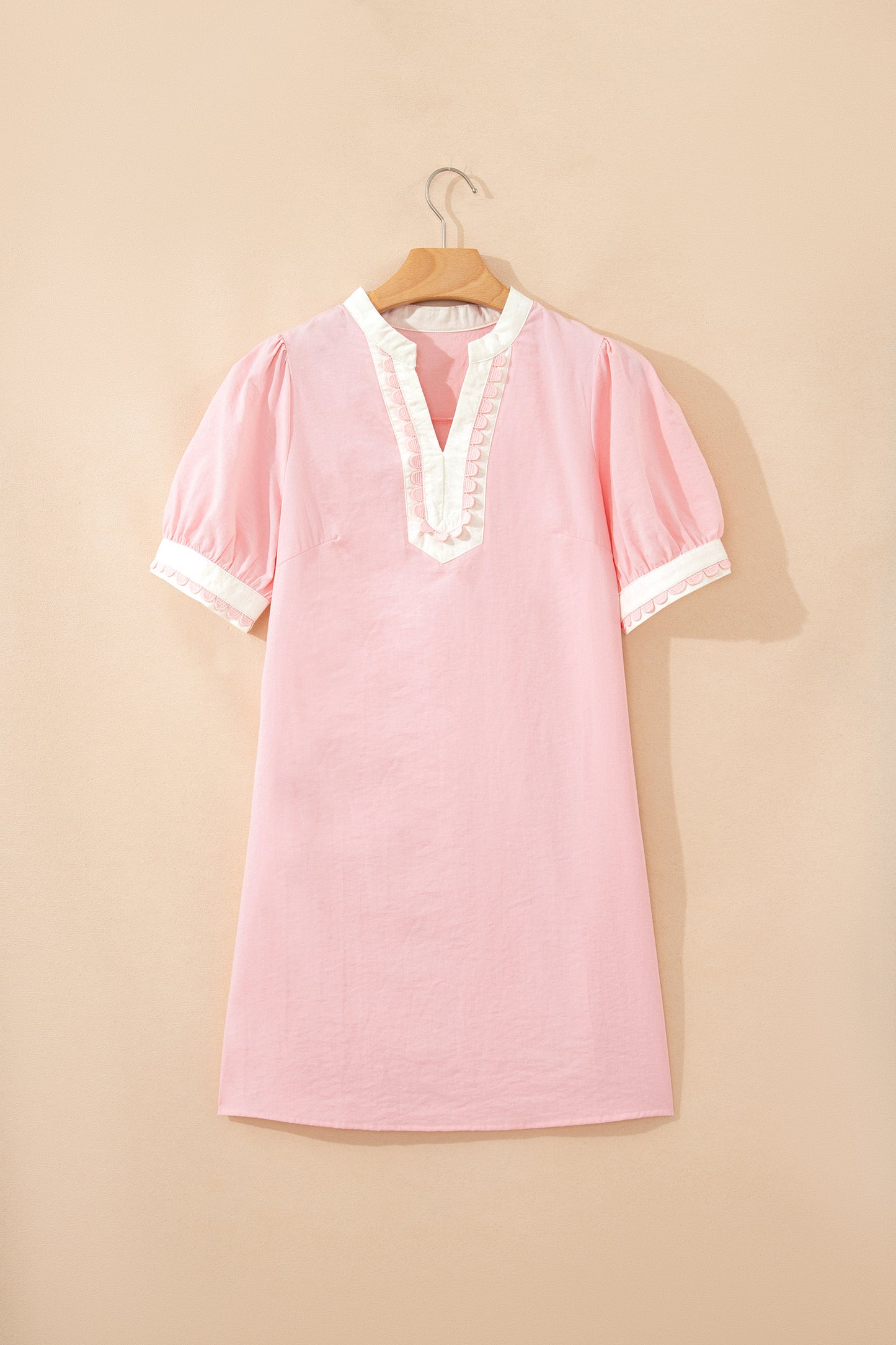 Puff Sleeve Mini Dress with Color block Scallop Trim