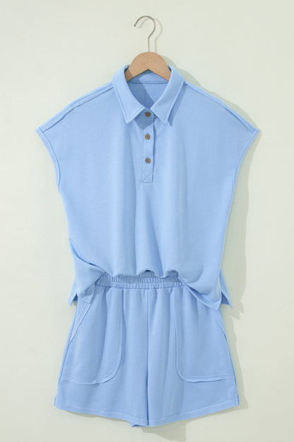 Collared Cap Sleeve Lounge Set – Casual Matching Shorts Set