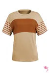 Striped Sleeve Color block Tee – Casual Chest Panel Short Sleeve Everyday Top