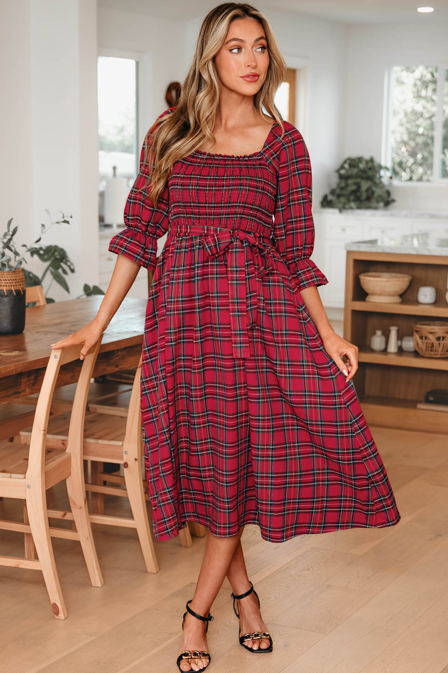 Sienna Plaid Smocked Midi Dress