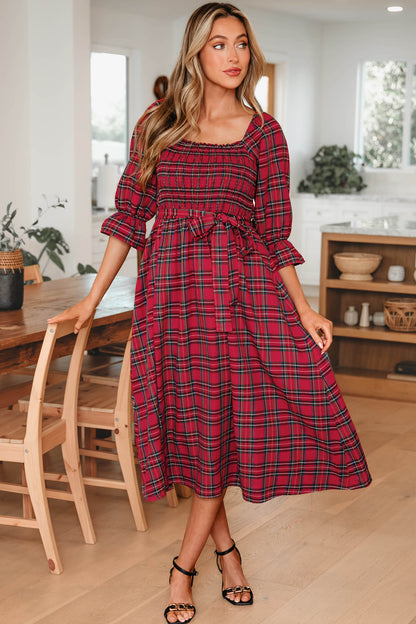 Sienna Plaid Smocked Midi Dress