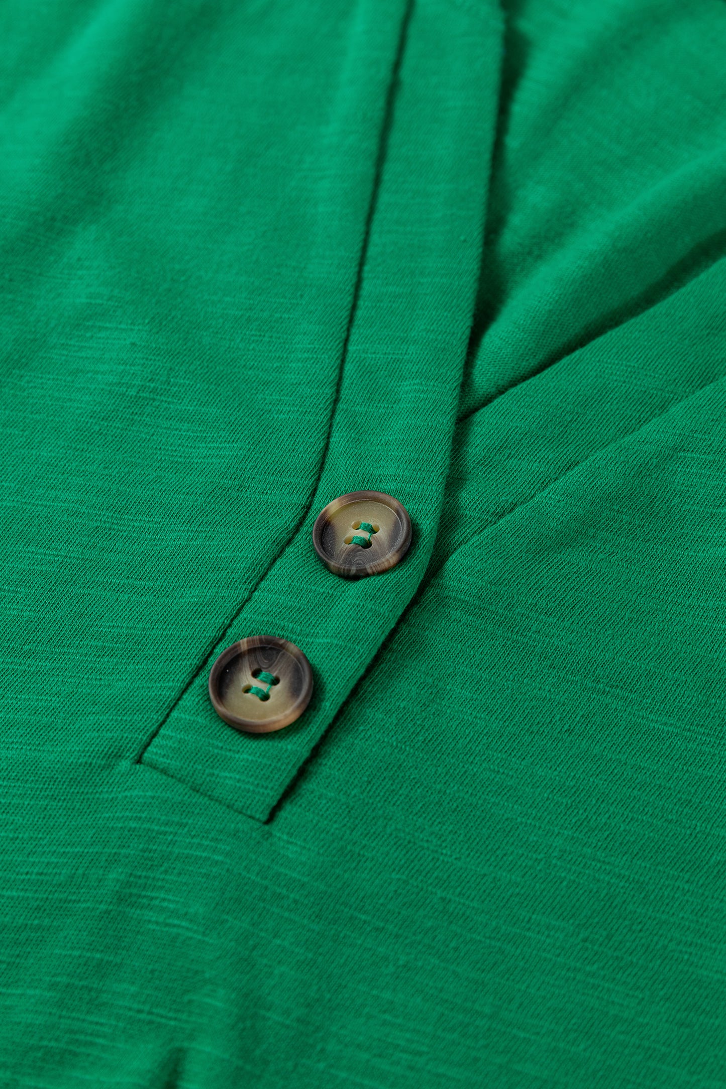 Emerald Green split neck button detail long sleeve top with gathered cuff sleeves