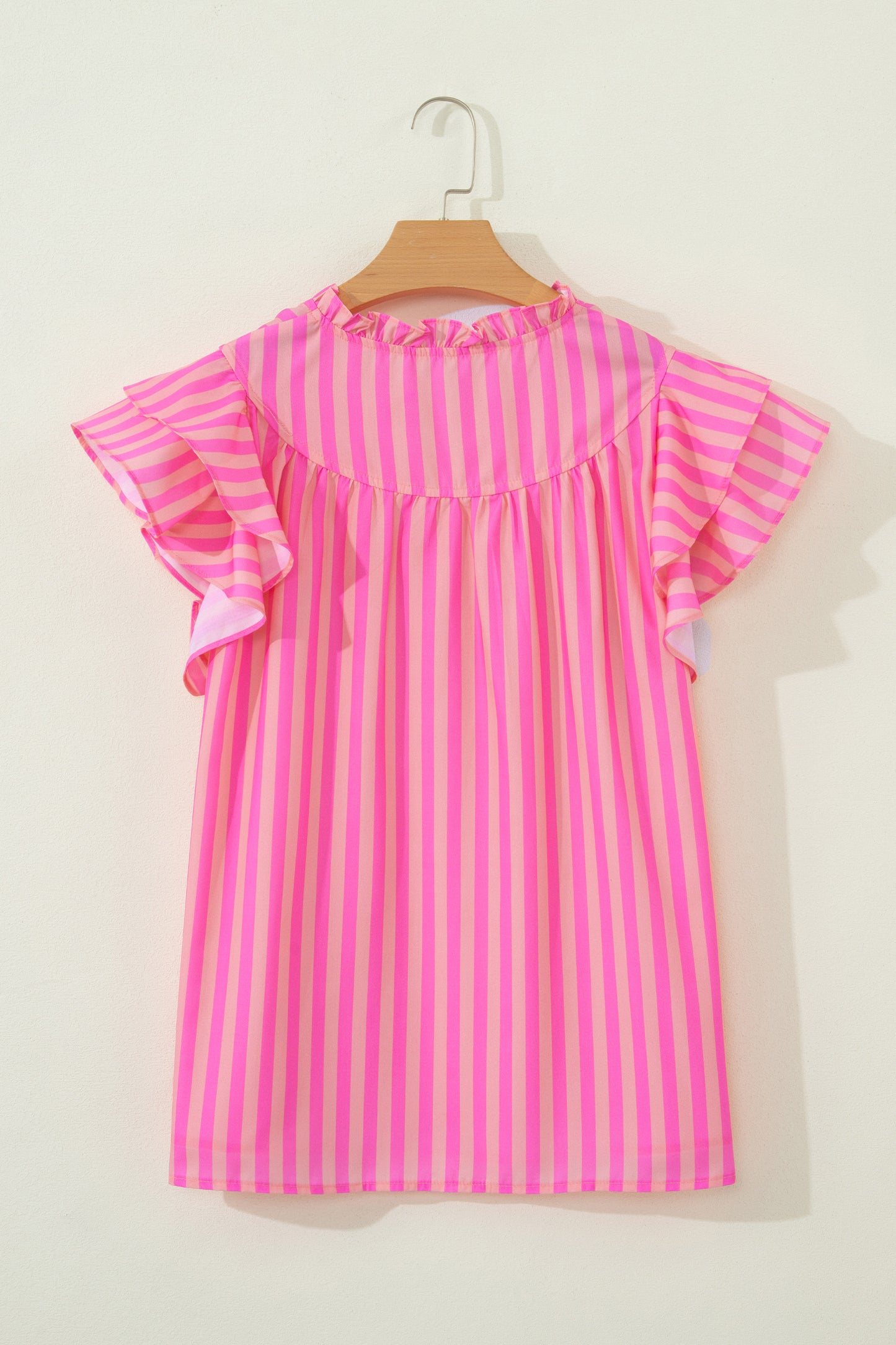 Bright Pink Striped Ruffle Sleeve Blouse – Casual Summer Top