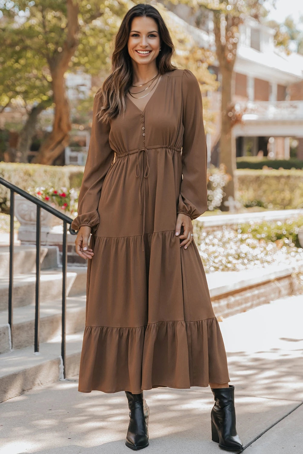 Long Sleeve V‑Neck Button Front Tiered Maxi Dress