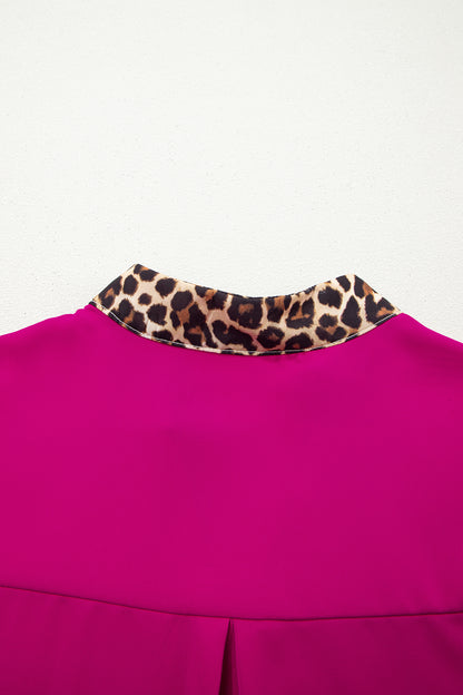 Leopard Trim Notch Neck Blouse – Lightweight Casual Contrast Top