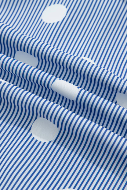 Blue White Striped Polka Dot Ruffle Blouse – Flutter Sleeve Button Front Top