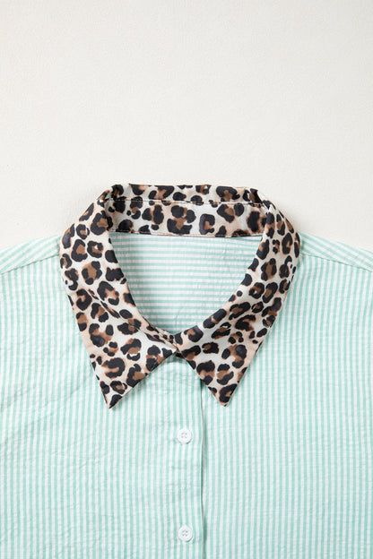 Leopard Contrast Collar Striped Blouse – Casual Everyday Button Front Top