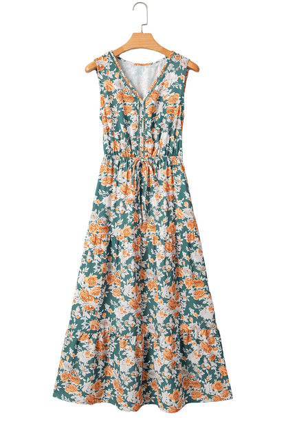 Green Floral Print Relaxed Fit Tiered Everyday Dress