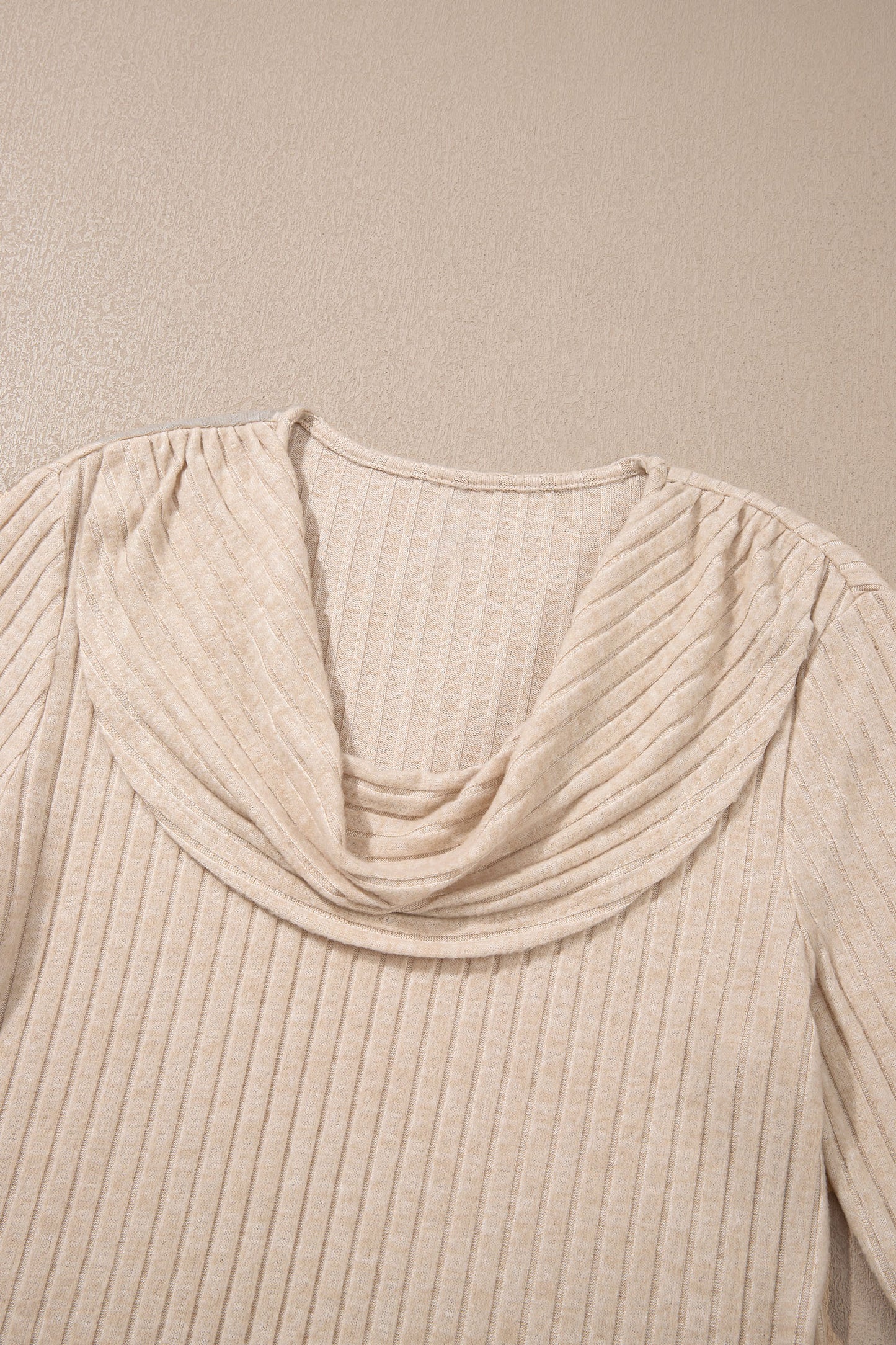 Oatmeal Ribbed Cowl Neck Long Sleeve Top – Casual Pullover