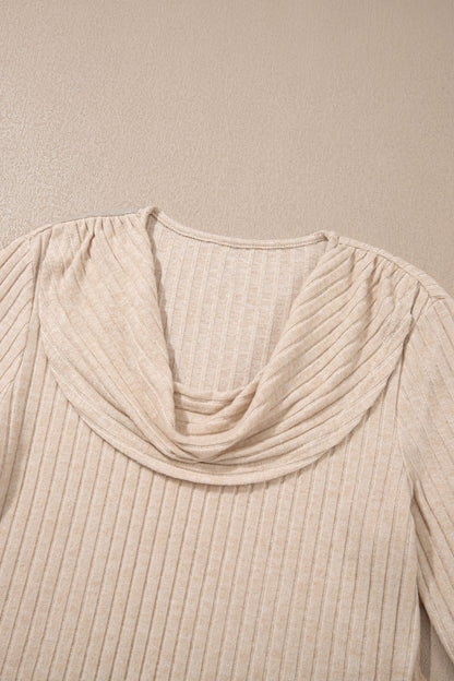 Oatmeal Ribbed Cowl Neck Long Sleeve Top – Casual Pullover