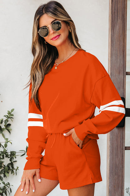 Varsity Striped Sleeve Drop Shoulder Sweatshirt & Short Set