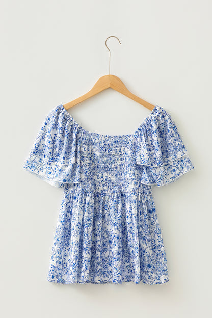 Blue Floral Square Neck Smocked Babydoll Blouse with Flutter Sleeves