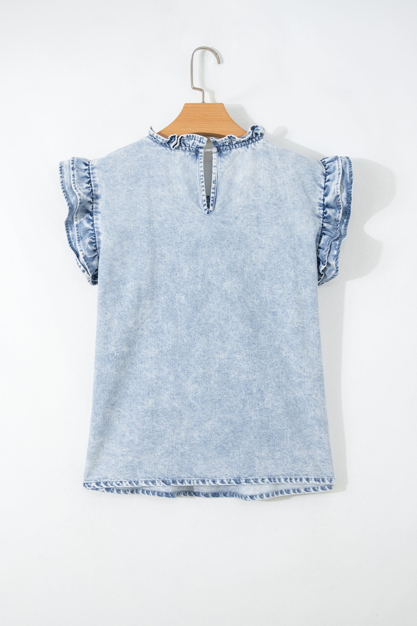 Denim Wash Ruffle Sleeve Pleated Blouse – Feminine Everyday Boutique Top