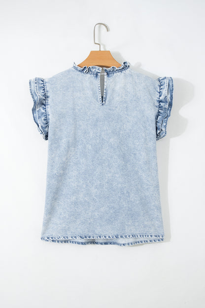 Denim Wash Ruffle Sleeve Pleated Blouse – Feminine Everyday Boutique Top